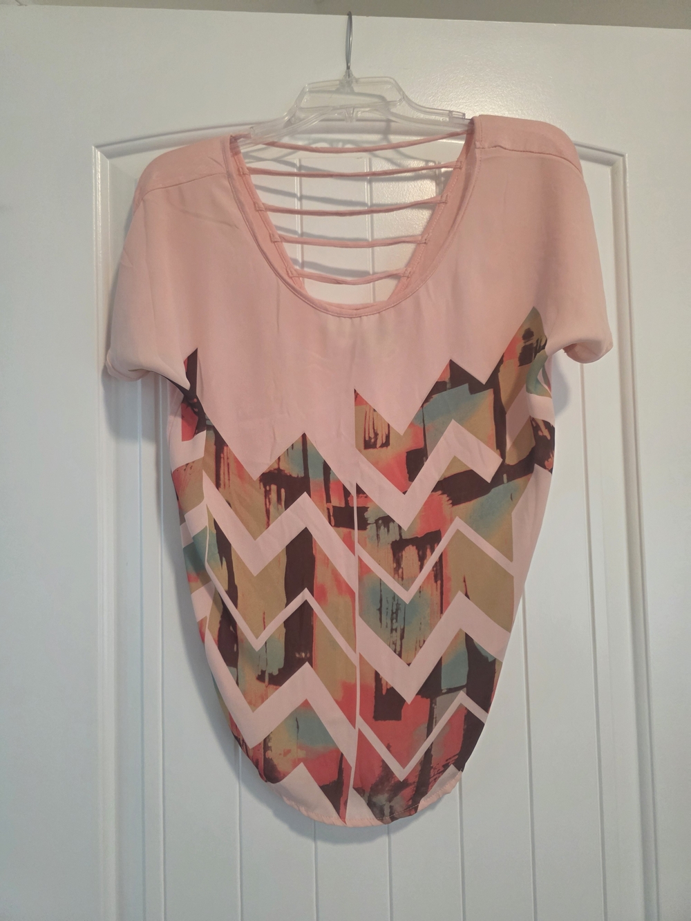 Lavish Light Pink Chevron Ladder-Back Short Sleeve Top
